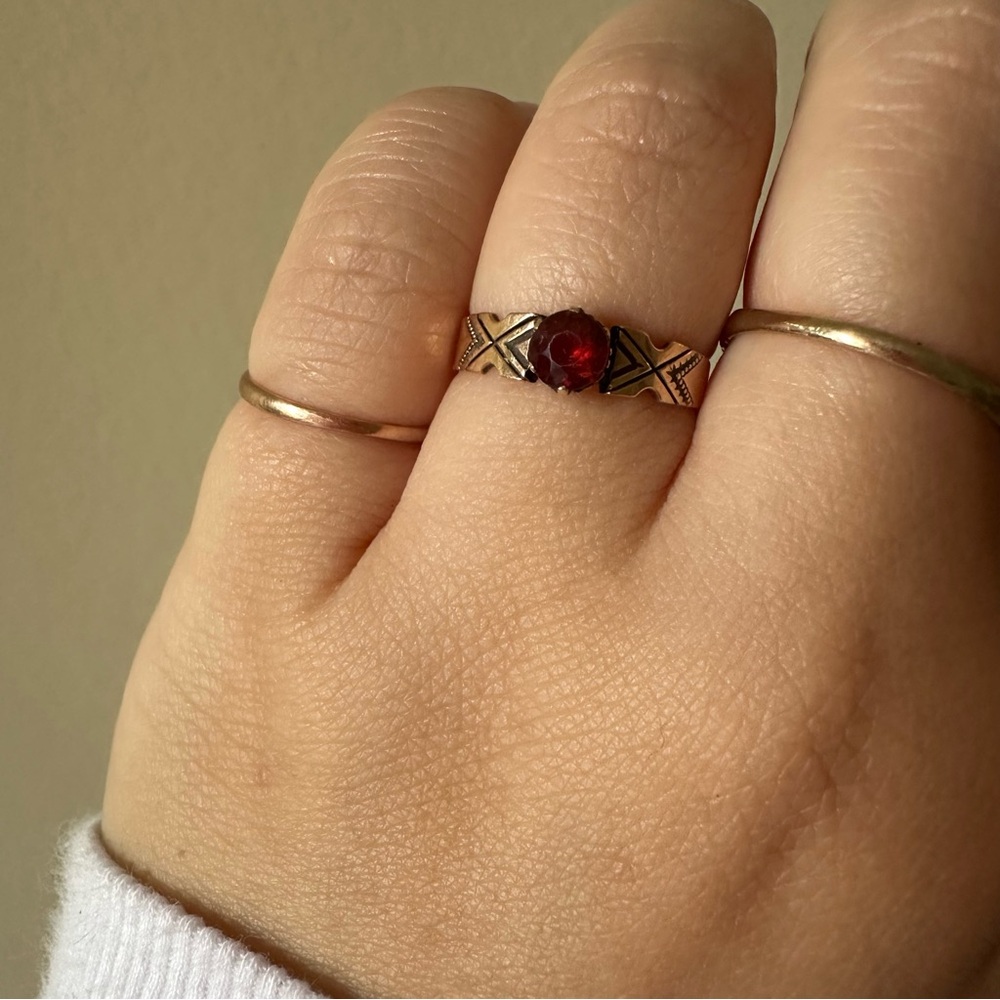14k gold antique red garnet wide band ring yellow gold vintage estate